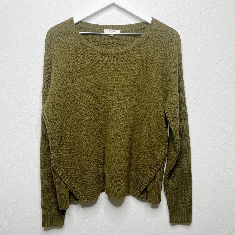Madewell Sea Grove Textured Split Hem Sweater Cotton Blend Moss Green Sz L